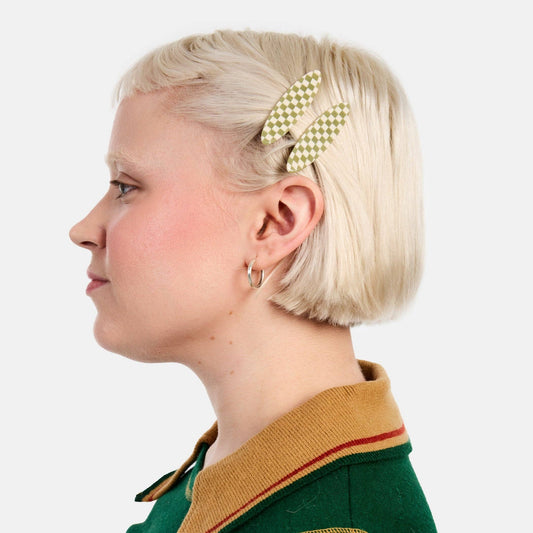Allie Clips in Oval Olive Check