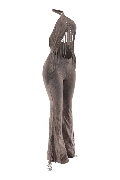 Slutty Pilates Halter Fringe Jumpsuit